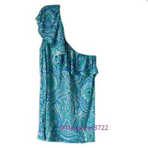 RXB One Shoulder Top Size Medium Ruffle Blue Paisley Print New NWT